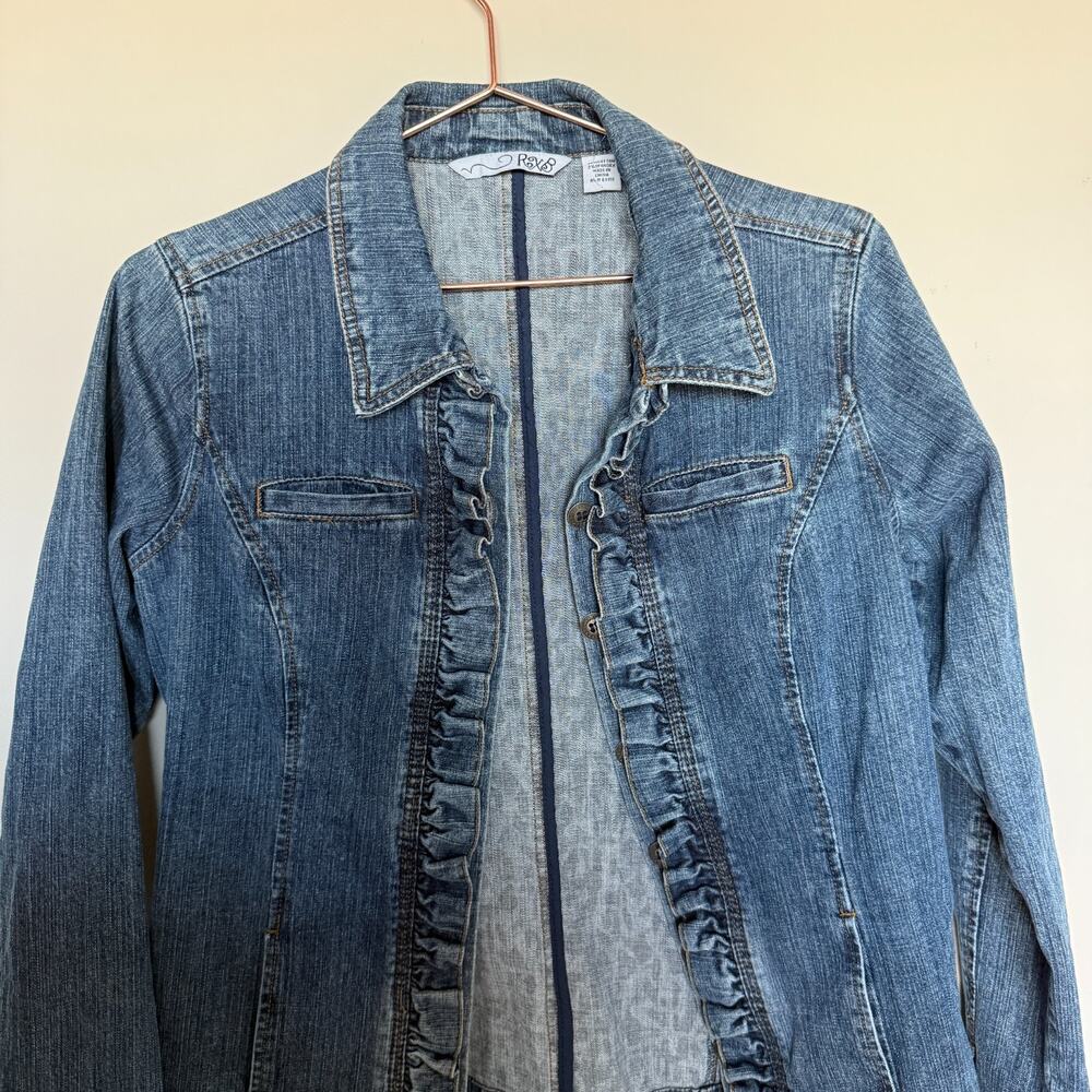 RXB Womens Jacket Medium Denim Collared Ruffle Trim Buttons Y2K Vintage 2000s - Picture 3 of 6
